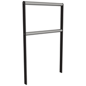 Antraciet fietsbeugel van plat staal 50x12 met twee RVS buizen Ø48 mm, fijn gestructureerd design.