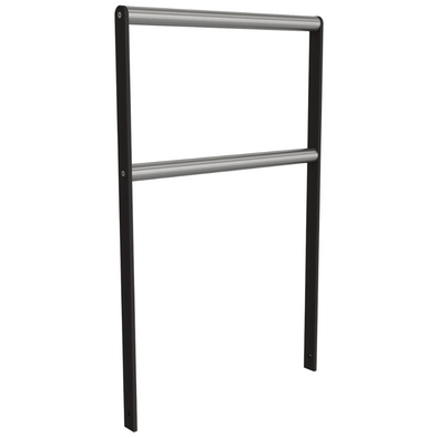 Antraciet fietsbeugel van plat staal 50x12 met twee RVS buizen Ø48 mm, fijn gestructureerd design.