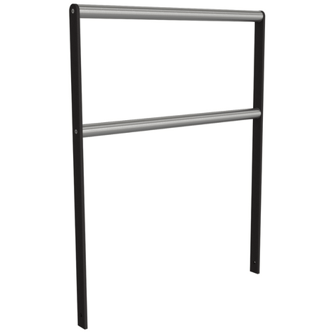 Antraciet fietsbeugel, 1000 mm, met plat staal 50x12 en RVS buis Ø48 mm, fijn structuur.