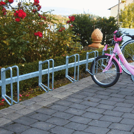 Verzinkt stalen fietsenrek voor vloermontage, met meerdere parkeerplaatsen, naast een rozenstruik.