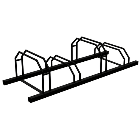 Zwart stalen fietsenrek rij-systeem voor vier fietsen, RAL 9005.