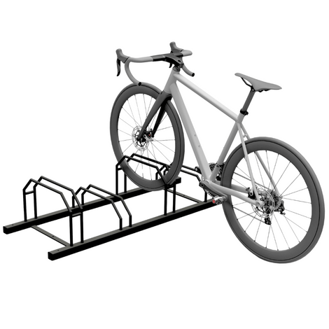 Zwart stalen fietsenrek rij-systeem voor 3 fietsen, met een grijze racefiets geparkeerd.