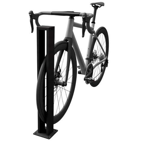 Antraciet stalen fietsenrek met modern design, geschikt voor enkel fiets parkeren.
