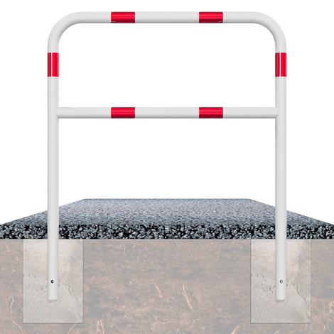 Wit-rood Ø48 mm fietssluis hek, in beton verankerd, met reflecterende banden.