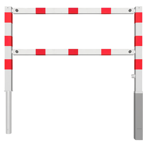 Wit-rood fietssluis hek, uitneembaar, met twee horizontale balken en vierkante palen.