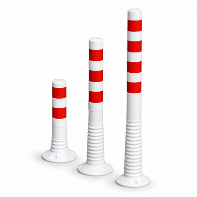 Drie flexibele wit-rode paaltjes in verschillende hoogtes (450, 750, 1000 mm) met geribbelde voet.