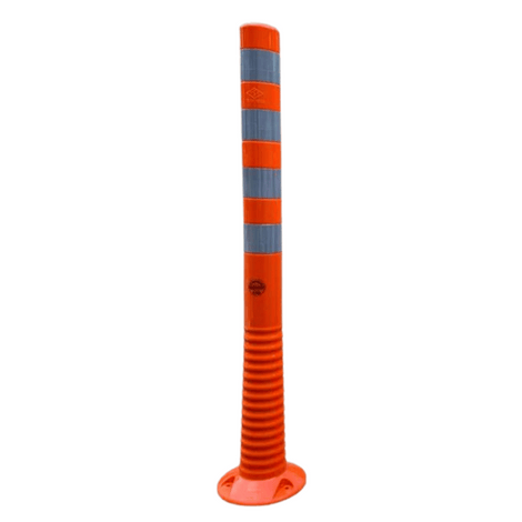 Oranje-wit flexibel paaltje van 1000 mm met reflecterende strepen en geribbelde basis.