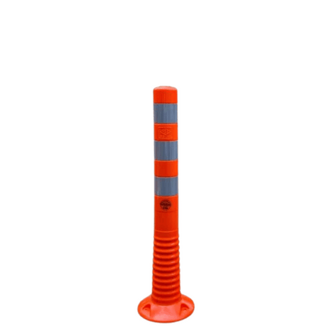 Oranje-wit flexibel paaltje van 750 mm met reflecterende strepen en geribbelde basis.