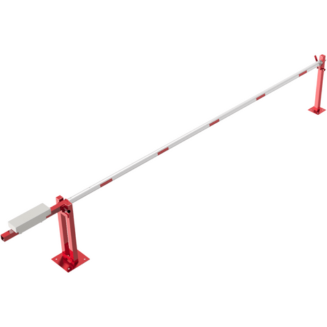 Rood-witte handmatige slagboom (5000 mm) met contragewicht en vangpaal.