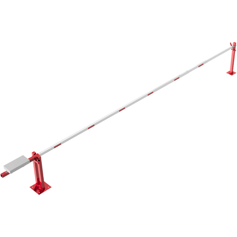 Rood-witte handmatige slagboom (700 cm) met contragewicht en vangpaal.