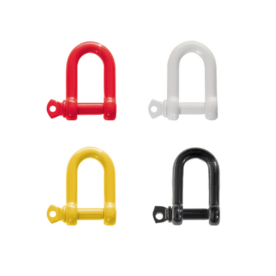 Vier gekleurde harpsluitingen (rood, wit, geel, zwart) voor stalen afzetkettingen (5-7 mm).