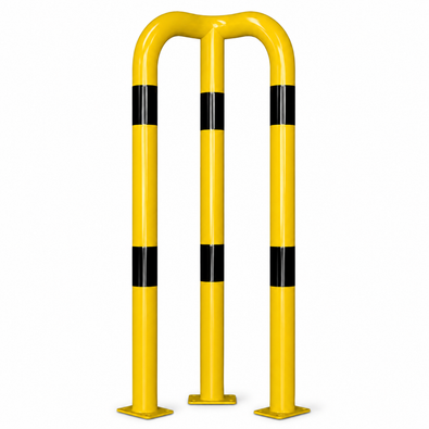 Gele en zwart gestreepte hoekbeschermbeugel, Ø76 mm, hoek 90°, op voetplaat.