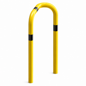 Gele hoekbeschermer Ø76 mm met zwarte markeringen, 90° gebogen, voor betonverankering.