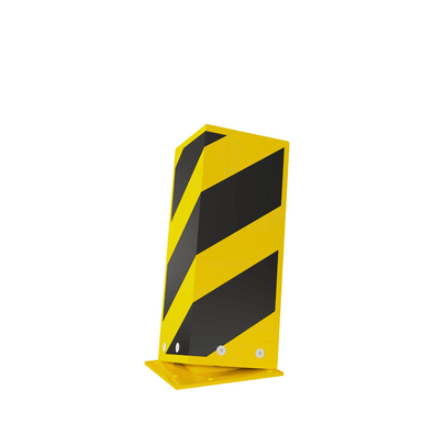 Geel-zwart flexibel hoekprofiel stootbeschermer voor vloermontage, met diagonale strepen.