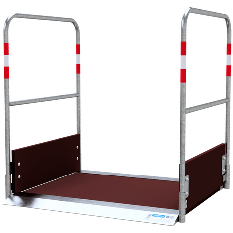 Houten loopbrug, 100 cm breed, met stalen frame, zijgeleiding en reflecterende markeringen.