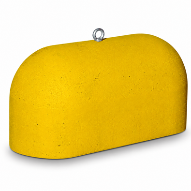Jumboblok geel met hijsoog van 330 kg in Oud-Hollands stampbeton voor aanrijdbeveiliging, terreinafzetting en eenvoudig verplaatsen met hijsmaterieel.