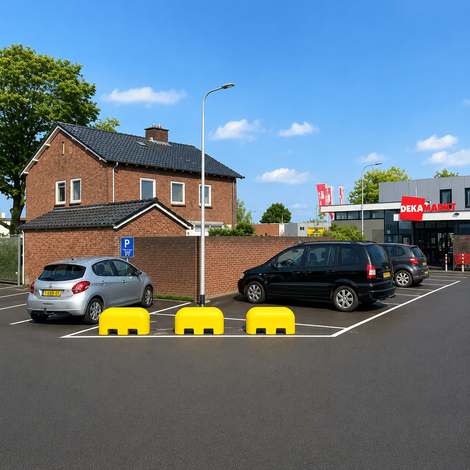 Drie gele Jumboblokken van Oud Hollands stampbeton met lepelgaten, gebruikt als parkeerbegrenzers.