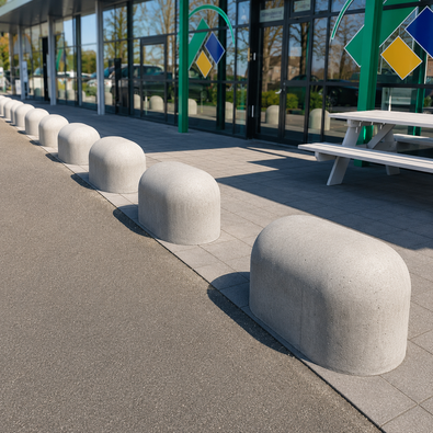 Rij grijze betonnen jumboblokken beschermt de gevel van een bedrijfspand tegen aanrijdingen.