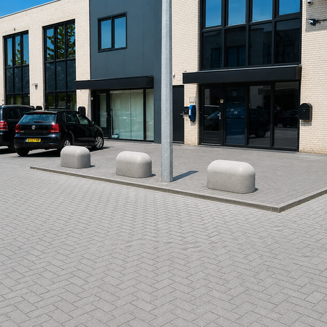 Jumboblokken van grijs stampbeton als duurzame terreinafbakening en aanrijdbeveiliging bij een kantoor