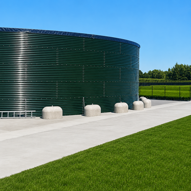 Grijze Jumboblokken van Oud Hollands stampbeton met hijsoog, geplaatst bij een grote wateropslagtank.