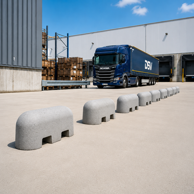 Grijze jumboblokken van 310 kg met lepelgaten van Oud Hollands stampbeton toegepast als aanrijdbeveiliging bij een laad- en losperron van een distributiecentrum.