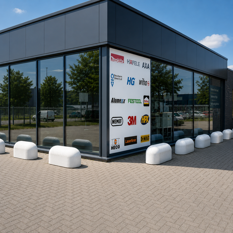 Witte betonnen jumboblokken met M16 hijsoog van 330 kg van Oud Hollands stampbeton als aanrijdbeveiliging voor een modern bedrijfspand.