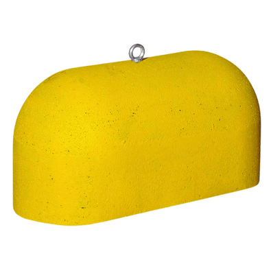 Gele Jumboblok van Oud Hollands stampbeton met hijsoog, 330 kg, afgeronde bovenzijde.