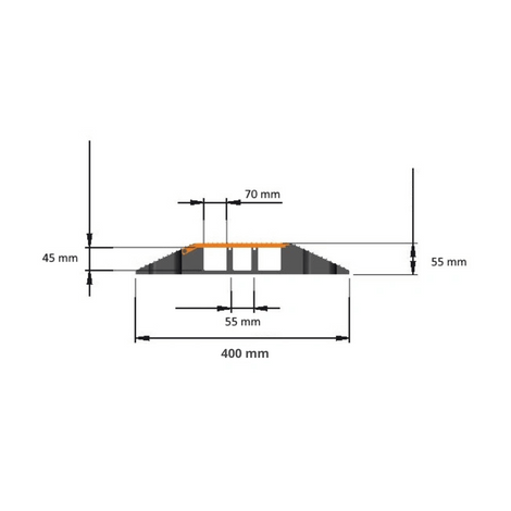 Zwarte rubberen kabeldrempel VBT links hoekstuk met 3 kanalen en oranje antislip, afmetingen 400x55mm.