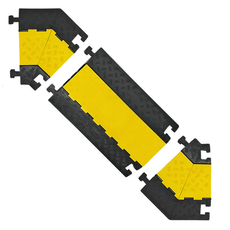 Zwart-gele rubberen kabeldrempel VBT links hoekstuk met 5 kanalen, modulaire constructie.