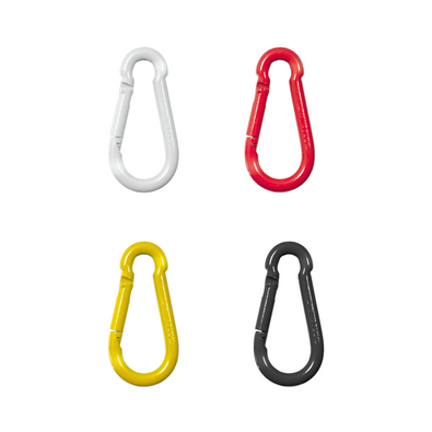 Vier karabijnhaken voor afzetkettingen (5-7 mm) in wit, rood, geel en zwart.