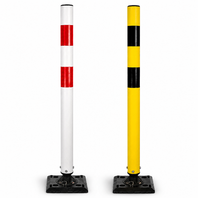 Twee 1000 mm hoge kickback palen: één wit-rood gestreept, de ander geel-zwart gestreept, beide met zwarte voet.