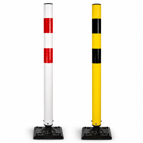 Twee 1000 mm hoge kickback palen: één wit-rood gestreept, de ander geel-zwart gestreept, beide met zwarte voet.