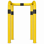 Gele kolombeschermer Ø76 mm met zwarte strepen, 2x 90° hoek, voor betonverankering.
