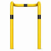 Gele stalen kolombeschermer Ø76 mm met zwarte markeringen, 2x 90° hoek, voor betonverankering.