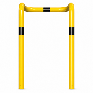 Gele stalen kolombeschermer Ø76 mm met zwarte markeringen, 2x 90° hoek, voor betonverankering.