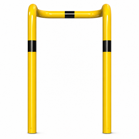 Gele stalen kolombeschermer Ø76 mm met zwarte markeringen, 2x 90° hoek, voor betonverankering.