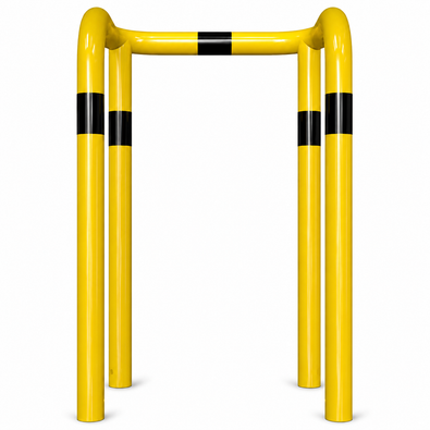 Gele kolombeschermer Ø76 mm met zwarte strepen, 2x 90° hoek, voor betonverankering.