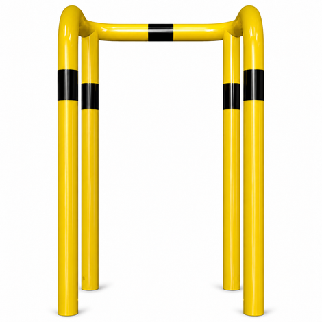 Gele kolombeschermer Ø76 mm met zwarte strepen, 2x 90° hoek, voor betonverankering.