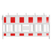 Witte betonnen barrier met rood-witte kunststof afzethek voor verkeersbeveiliging.
