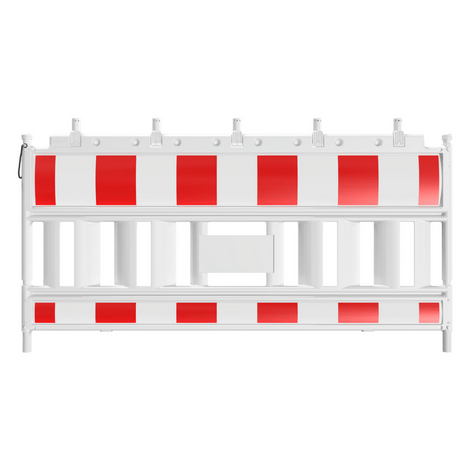 Witte betonnen barrier met rood-witte kunststof afzethek voor verkeersbeveiliging.
