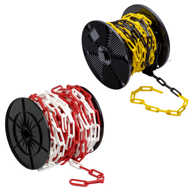 Kunststof afzetketting 8 mm op rol, in wit-rood en geel-zwart, 25 meter.