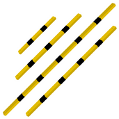 Gele en zwart gestreepte liggers van 70x70 mm voor veiligheidsrailing, in diverse lengtes.