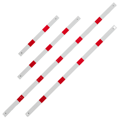 Witte liggers met rode reflecterende strepen voor veiligheidsrailing, verkrijgbaar in diverse lengtes.