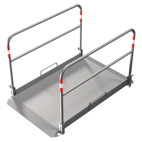 Aluminium loopbrug (100x170cm) met zijgeleiders, antislip bodem en rode/witte markeringen.