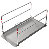 Aluminium loopbrug (B100 x L220 cm) met zijgeleiders, antislip bodem en rood-witte markeringen.