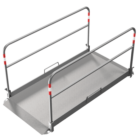 Aluminium loopbrug (B100 x L220 cm) met zijgeleiders, antislip bodem en rood-witte markeringen.