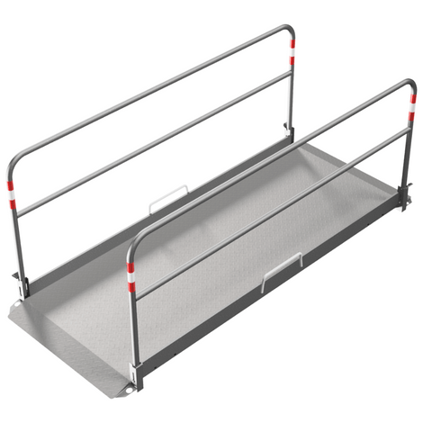 Aluminium loopbrug (B100 x L270 cm) met zijgeleiders, antislip bodem en rode/witte markeringen.