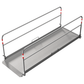 Aluminium loopbrug (B100 x L320 cm) met zijgeleiders, antislip bodem en rode/witte markeringen.