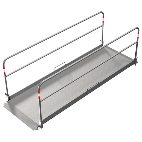 Aluminium loopbrug (B100 x L320 cm) met zijgeleiders, antislip bodem en rode/witte markeringen.