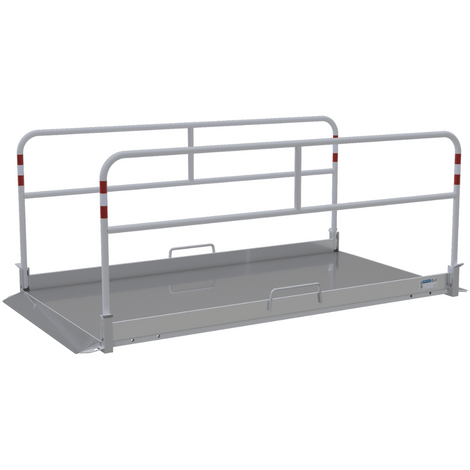 Aluminium loopbrug B130 x L270 cm met zijgeleiders, antislip bodem en rode markeringen.